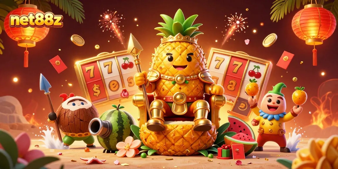 Engage with net88z's vibrant casino scene featuring golden pineapple king and thrilling slot reels.