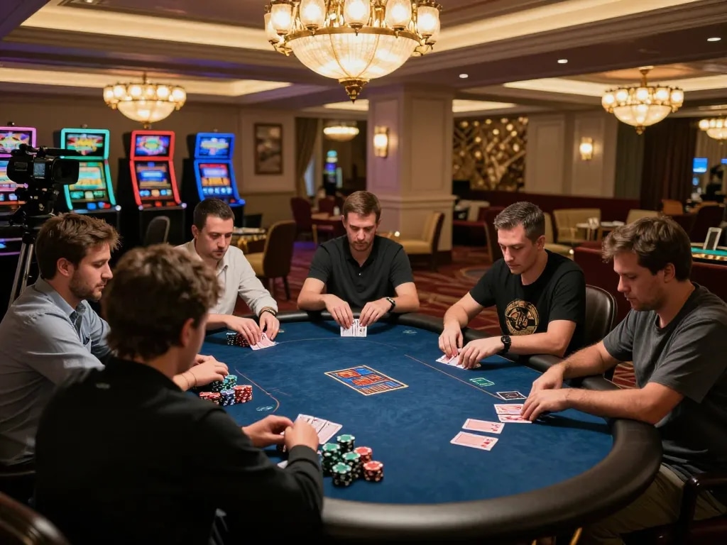 Cloud-africa players engaging in a thrilling high-stakes poker game at an upscale casino table