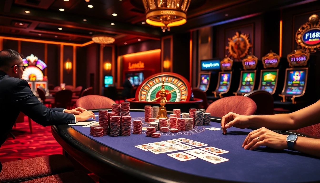 High-stakes poker action at a luxurious casino with https://f1686s.com/ prominently featured.
