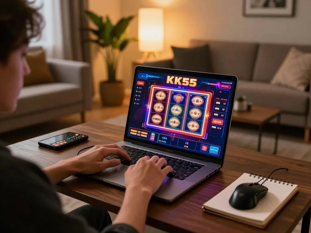 Player engaging with KK55 online casino on laptop, surrounded by modern home accessories and warm lighting.