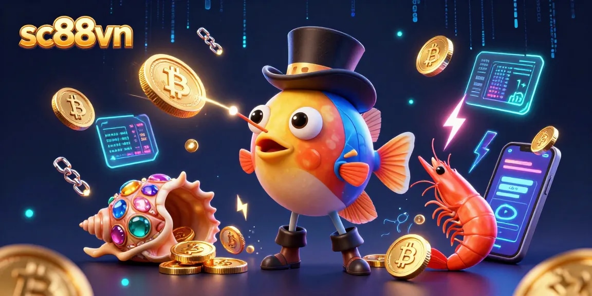 Engage with vibrant 3D casino world in sc88vn featuring a glowing anglerfish and shimmering coins.