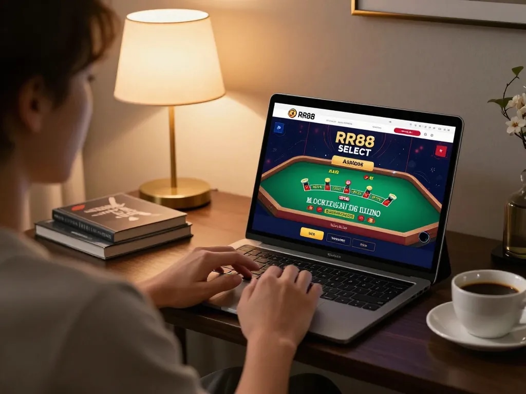 Engaged player using RR88 SELECT app for online casino gaming on a tablet in a cozy home setting.