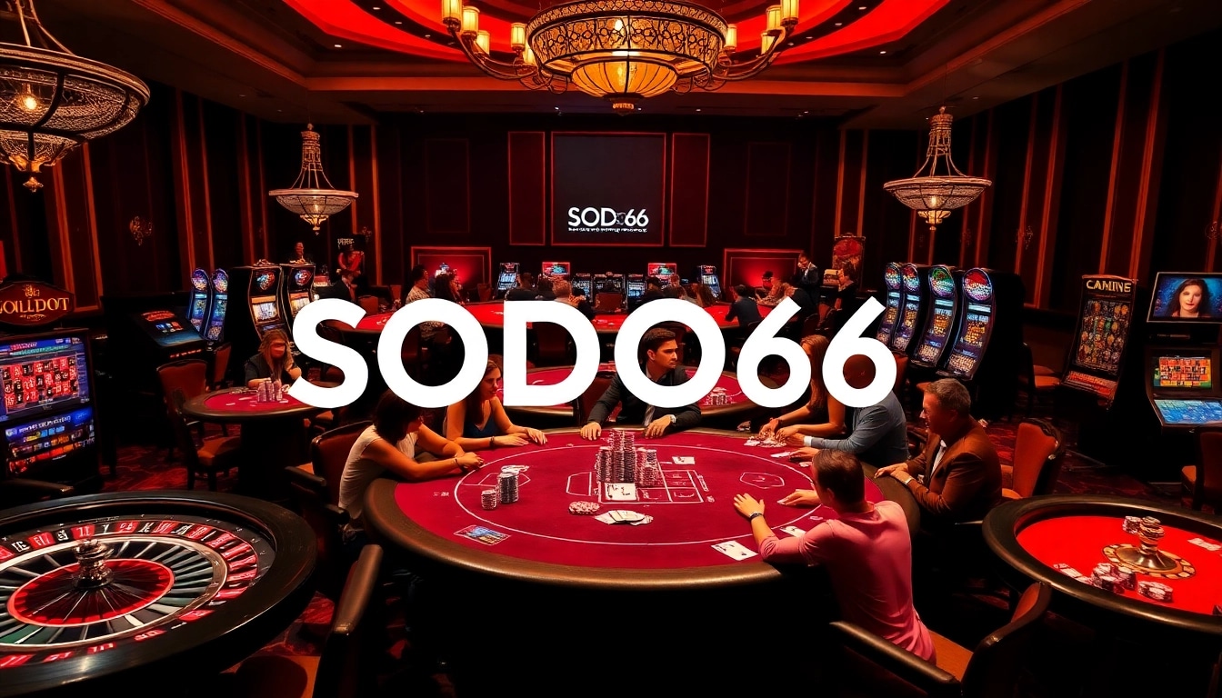 Engaging players at a poker table surrounded by SODO66 branding in a vibrant casino environment.