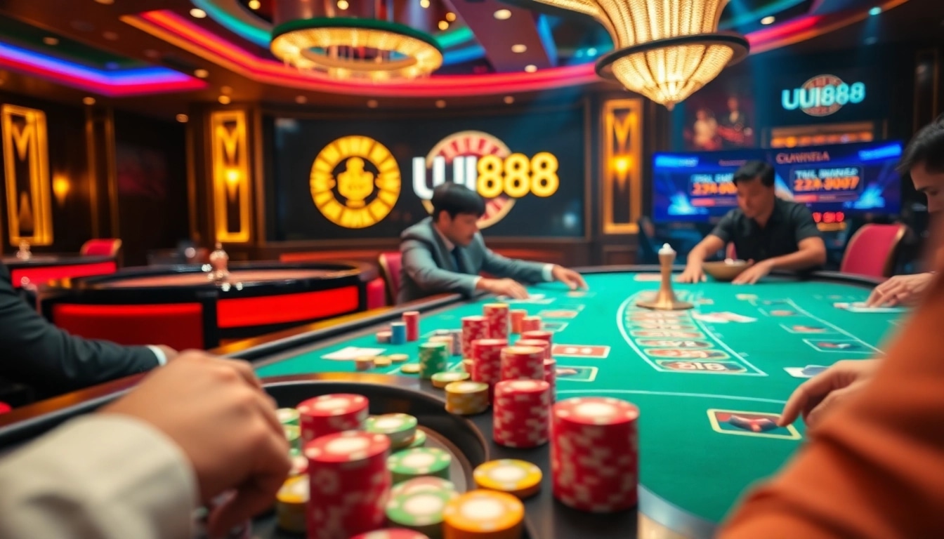 Excited players gamble at UU 88 poker table, showcasing vibrant chips and engaging action.