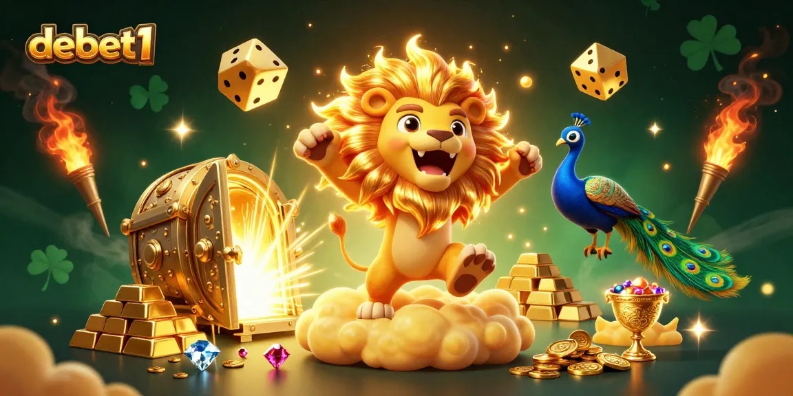 Experience the thrill of debet1 as a roaring lion stands triumphantly amid dazzling treasures and lucky symbols.