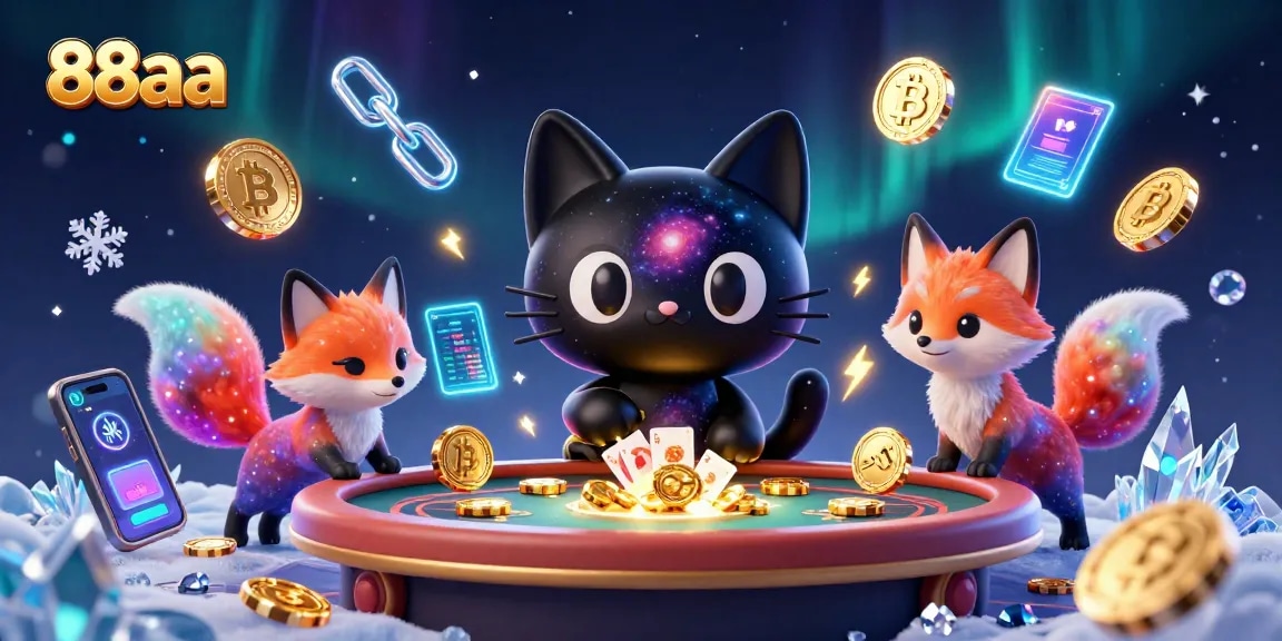 Experience the cosmic allure of 88aa at a vibrant casino table with a black hole cat and nebula fox.
