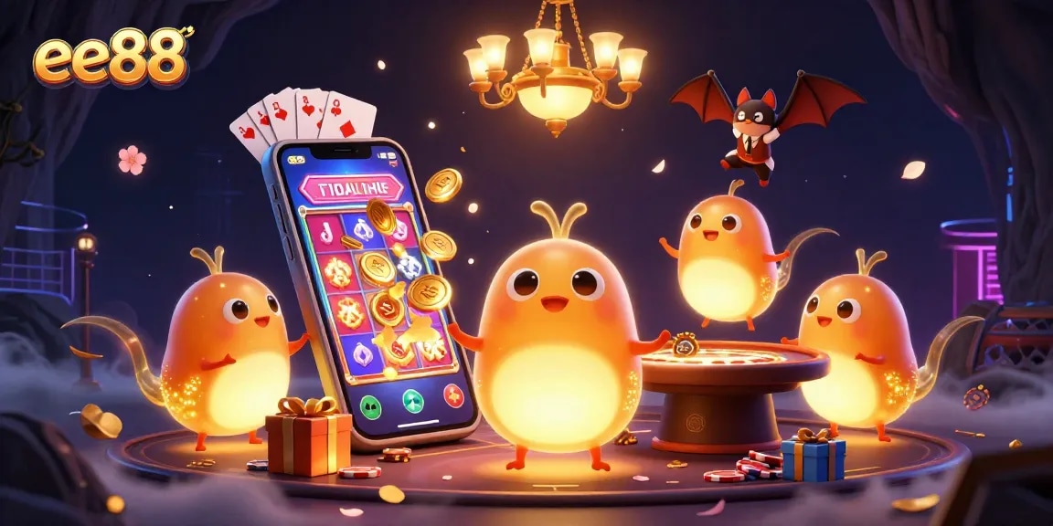 Experience ee88's vibrant underground casino with glowworms lighting the way in this 3D scene.