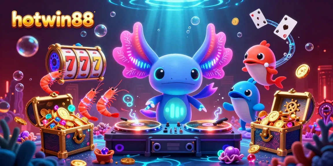 Engage in thrilling slot games with hotwin88 as neon characters spin golden records and dance lively.