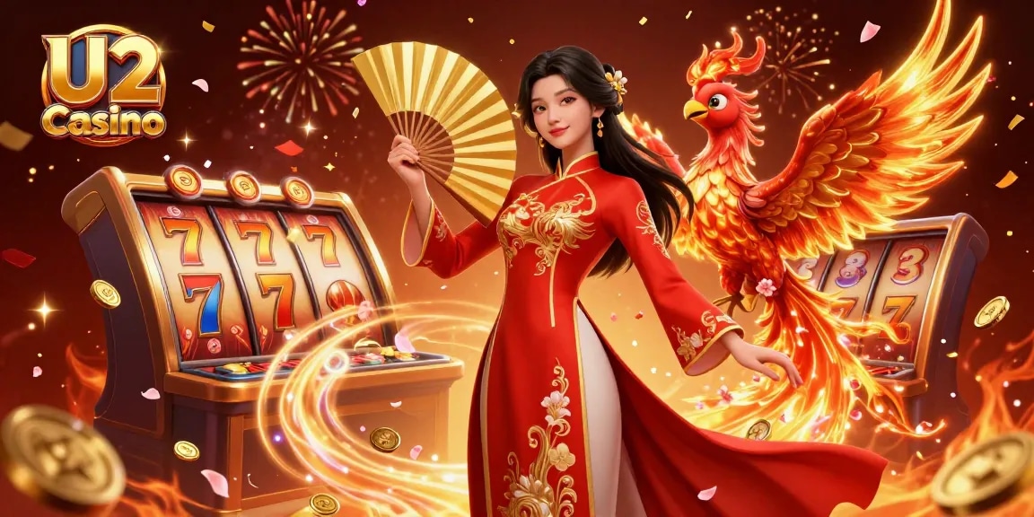 Engage in thrilling gameplay at U2 Casino with 3D slot reels and festive elements in a vibrant 3D scene.
