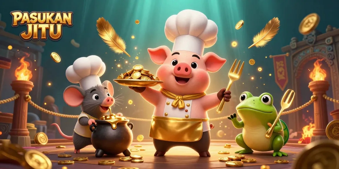 PASUKAN JITU showcases a lively 3D casino scene with cartoon animals and golden coins.