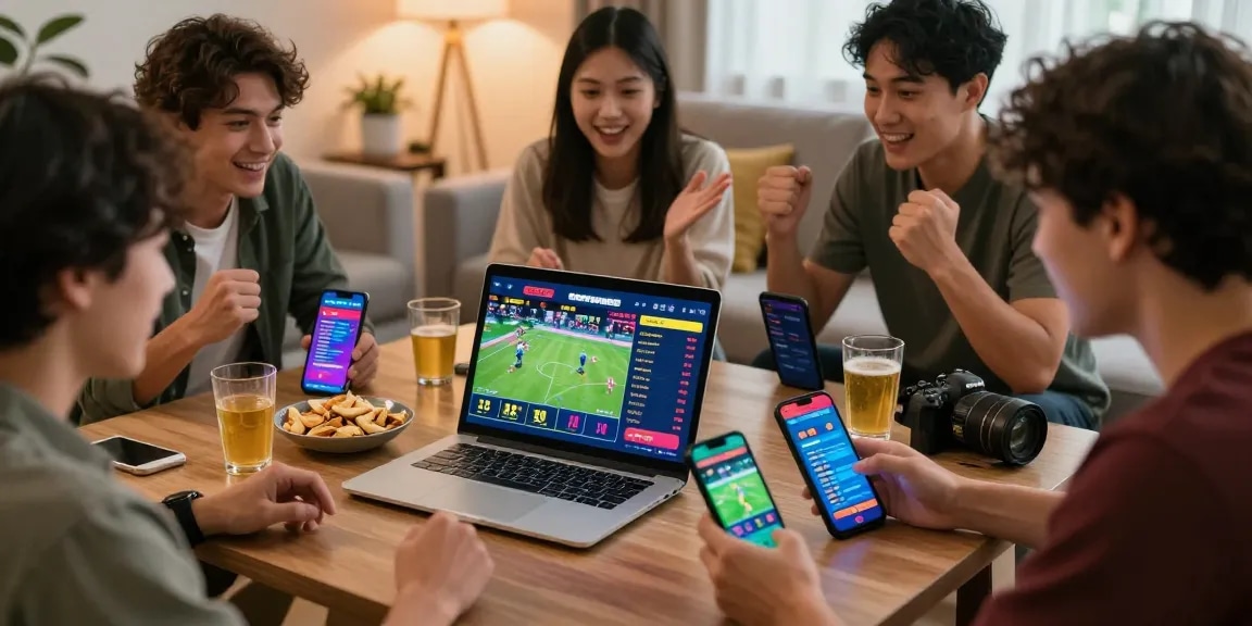 Exciting sports betting activity on OPEN88 with friends gathered around a laptop in a lively atmosphere.