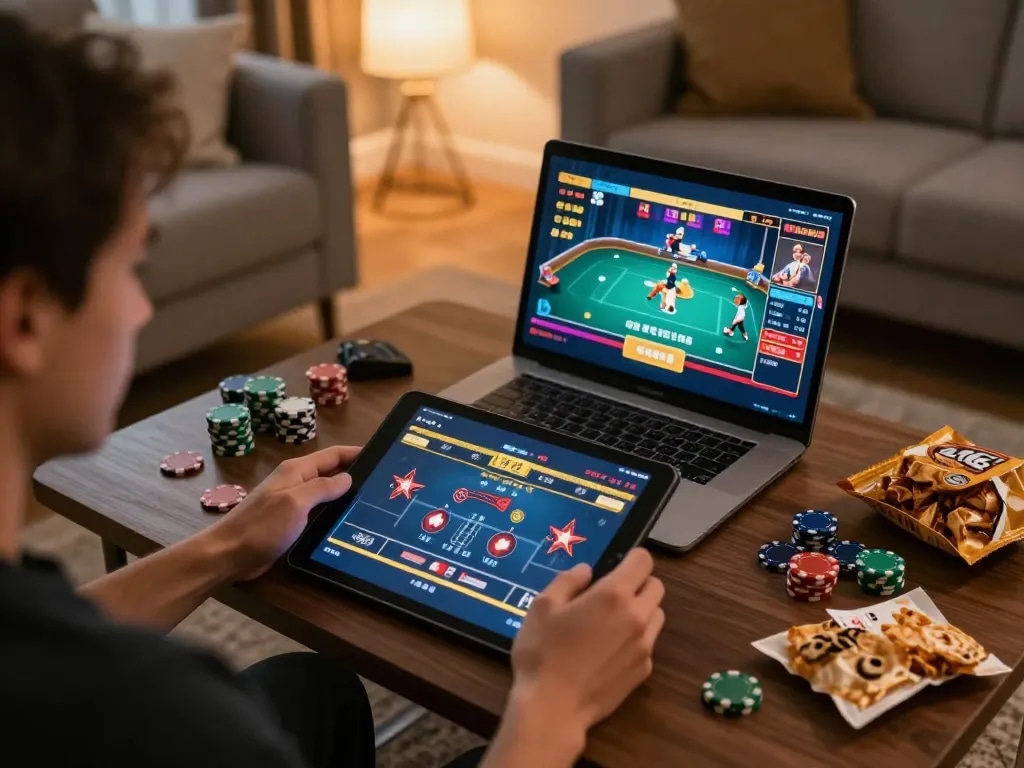 Engaged player exploring rik vip online casino games on a tablet in a cozy home setting.