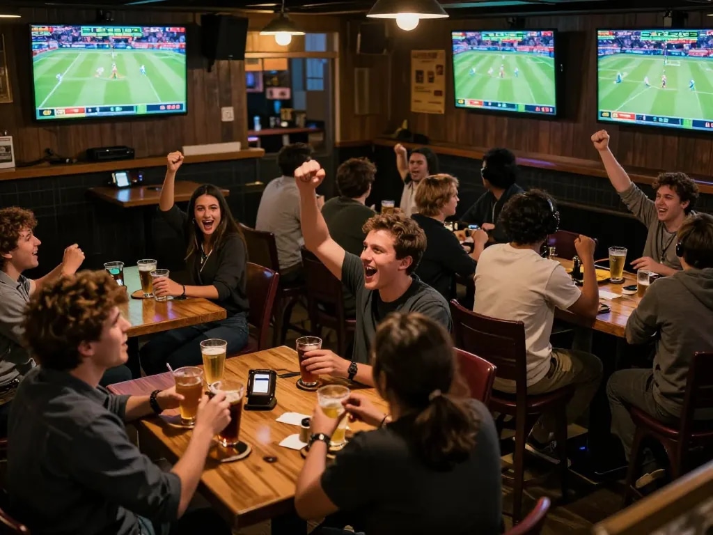 Bettors placing their kèo nhà cái bets while enjoying live sports in a bustling sports bar atmosphere