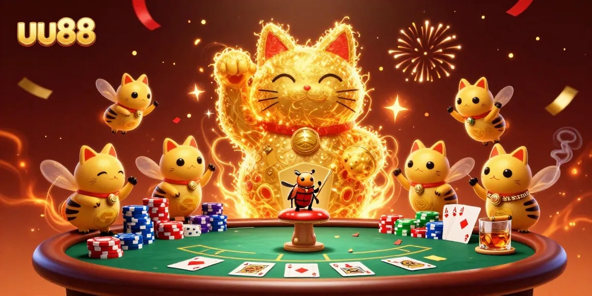 Enjoy thrilling uu88 poker action with a vibrant lucky cat and dynamic casino elements.