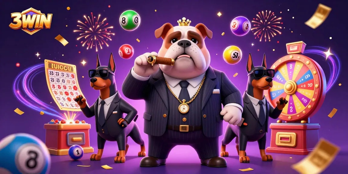 Experience thrilling fun with 3WIN's vibrant gaming, showcased in a lively illustration, featuring lottery elements and excited characters.
