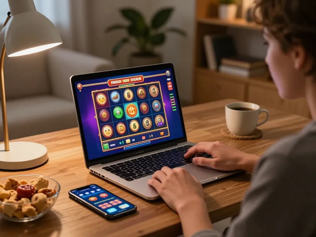 Engaging in online casino gaming with mb66 on a laptop in a cozy home setting.