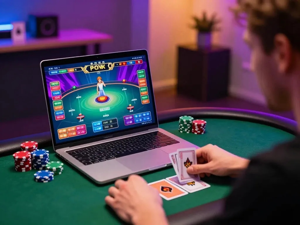 Experience thrilling online poker with cm88seo on a laptop, showcasing strategic gameplay.