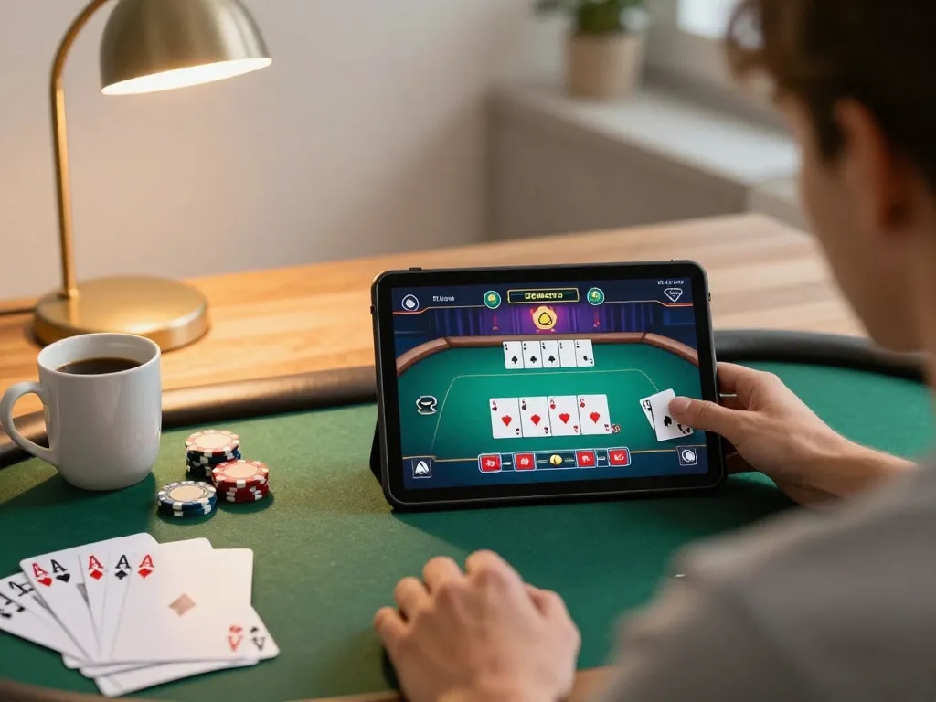 Engaged player strategizing on shbet.free poker game interface from home setup, conveying responsible gambling.