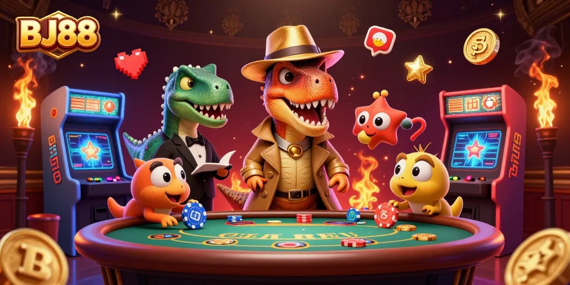 BJ88 showcases a velociraptor card counter at a blackjack table, mixing vibrant gaming elements.