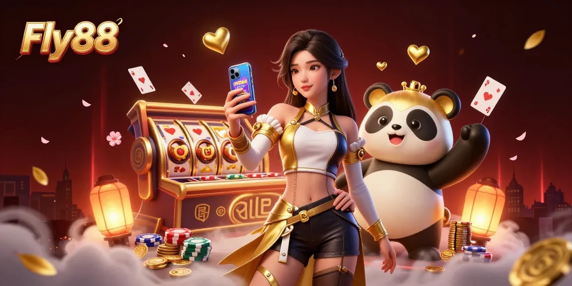 Engage with Fly88's exciting slots showcasing vibrant elements and the charming panda mascot.