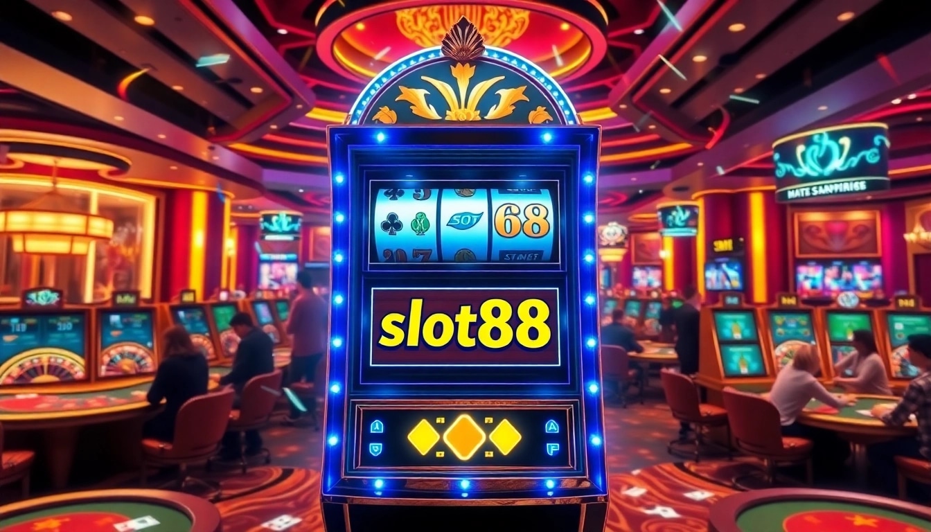 Experience the exhilaration of slot88 at a luxurious casino with vibrant slot machines and eager gamblers.