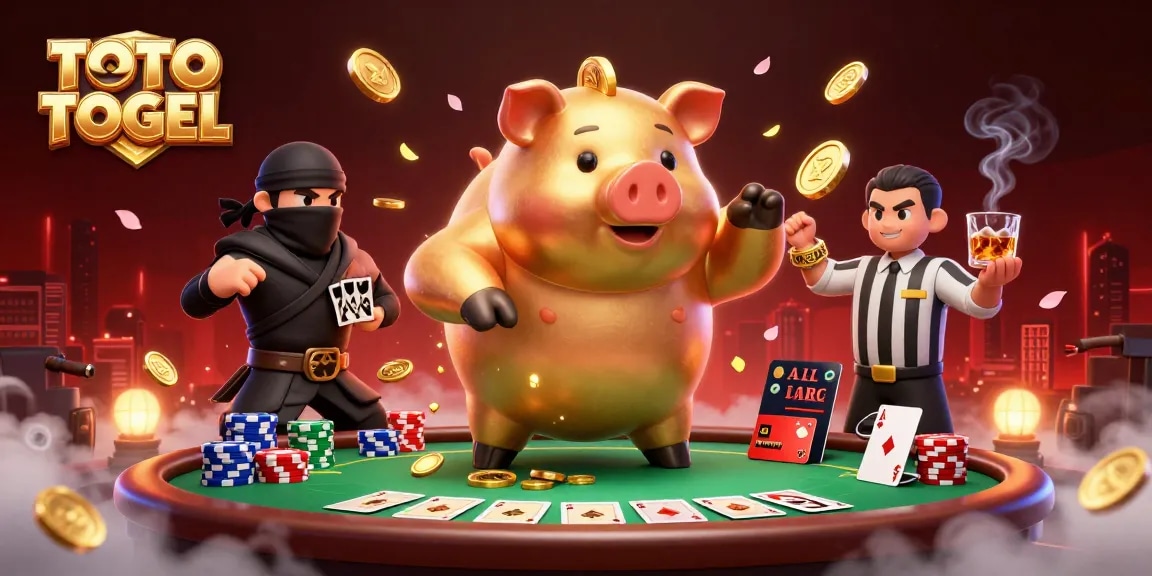 TOTO TOGEL menghadirkan suasana permainan kasino dengan karakter kartun yang dinamis di latar belakang yang mewah.