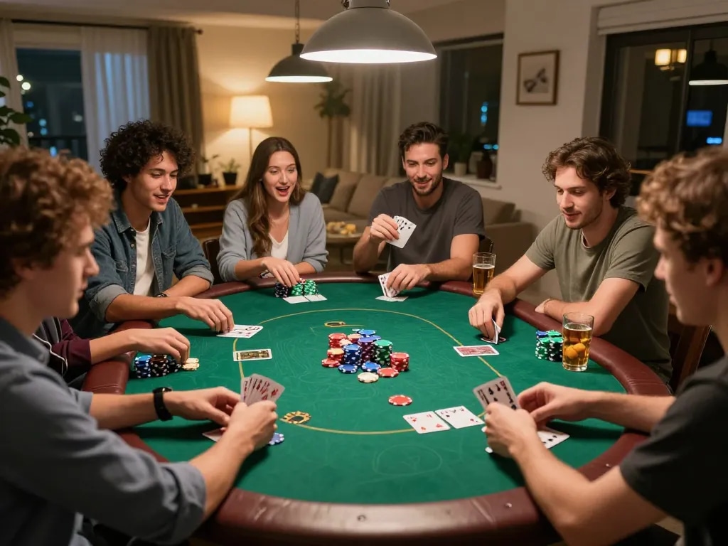 Friends enjoying a poker night at home while playing on 7-hd, showcasing colorful chips and engaged players.