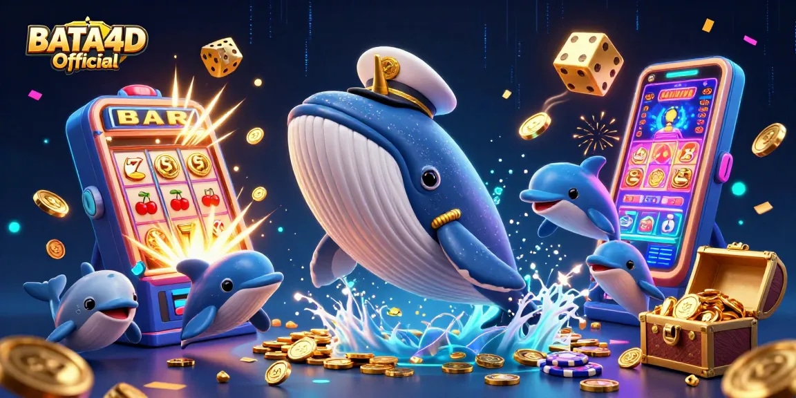 Permainan menarik di BATA4D Official dengan paus menggemaskan di tengah lautan koin dan simbol jackpot