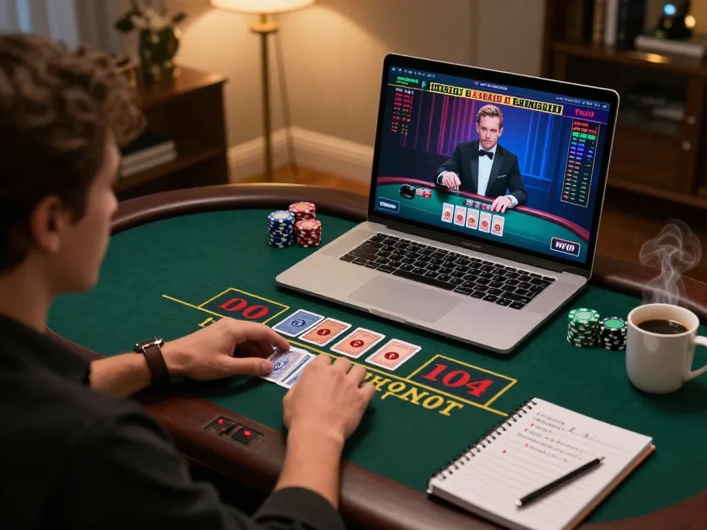 Engage in Live Casino baccarat gameplay on a laptop, showcasing at-home strategy and interactive dealer action.