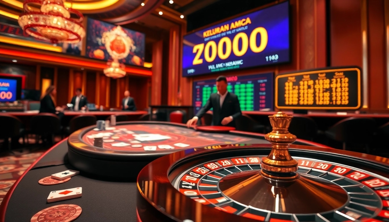 Check Keluaran Macau live draw results on an elegant casino table with roulette and cards.