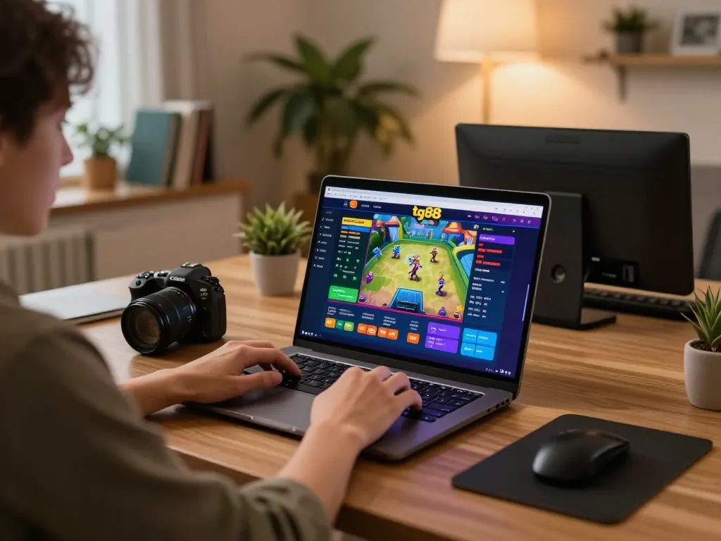 Player enjoying tg88 online casino game on a laptop in a cozy home setting
