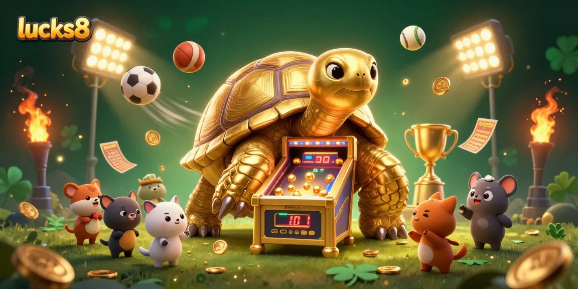Engage with lucks8 in a vibrant casino environment with golden tortoise, sports themes, and gaming elements.