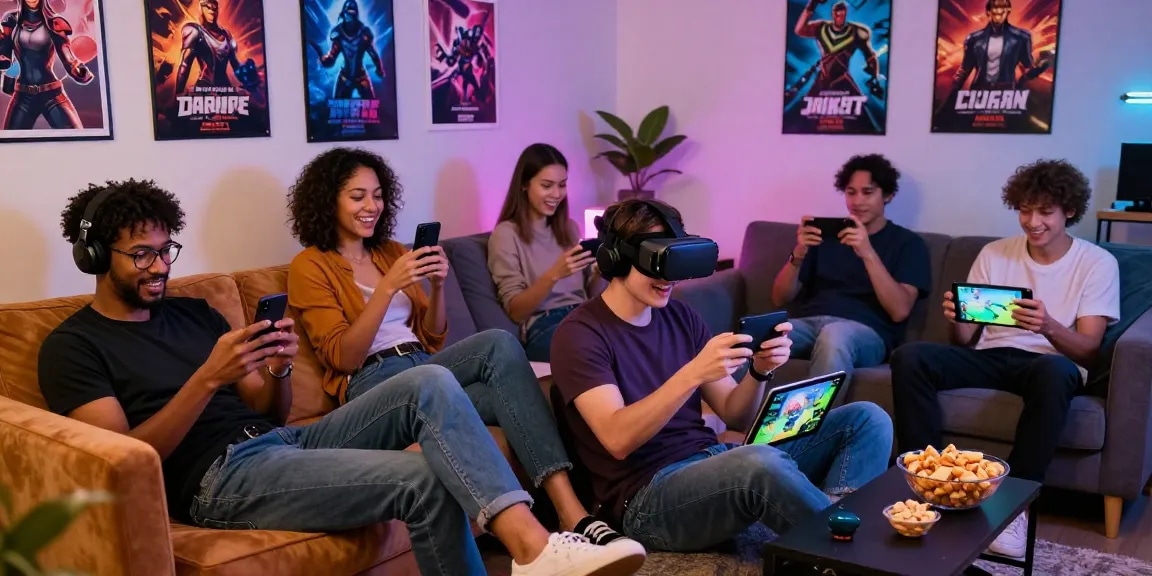 Engaged adults enjoying hentai games on mobile devices in a cozy living room.