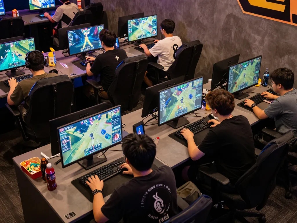MPO08 players engaging in an online gaming tournament, showcasing competitive strategies and vibrant gameplay.