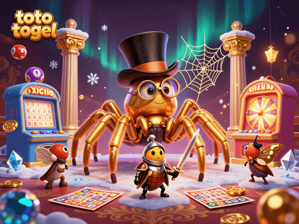 Experience the excitement of toto togel as vibrant games surround a golden spider and beetle knight.