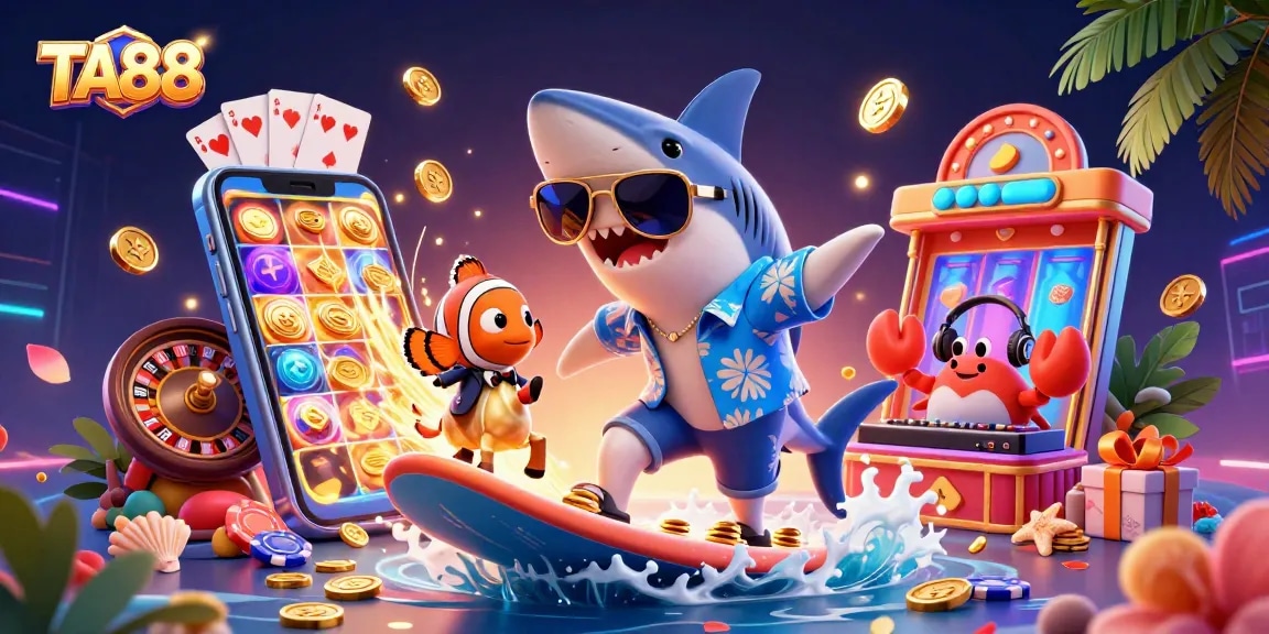Experience TA88 with a hammer-head shark surfing gold coins amidst vibrant casino action.
