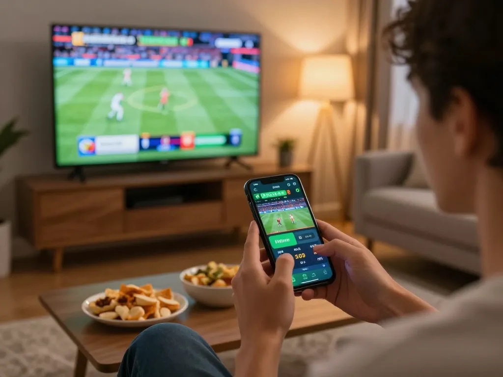 Player using a betting app on smartphone, engaged in b52club sports betting while enjoying a live match.