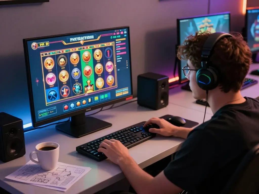 Engaging gameplay on slot toto, featuring a player immersed in a colorful online casino experience at home