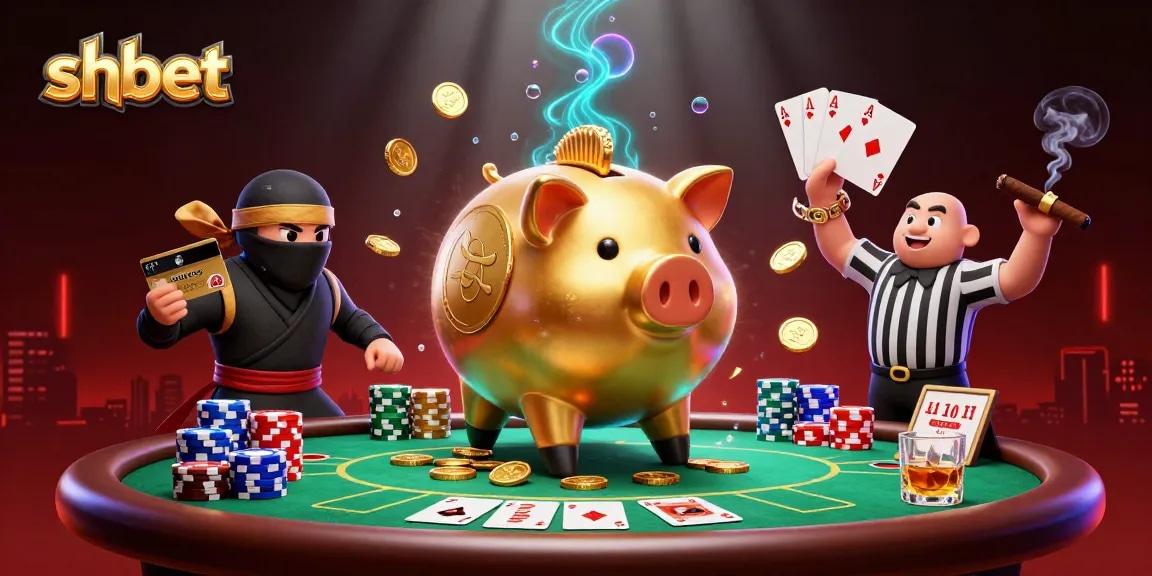 Engage with shbet in an action-packed casino scene featuring a piggy bank sumo wrestler amidst poker excitement.