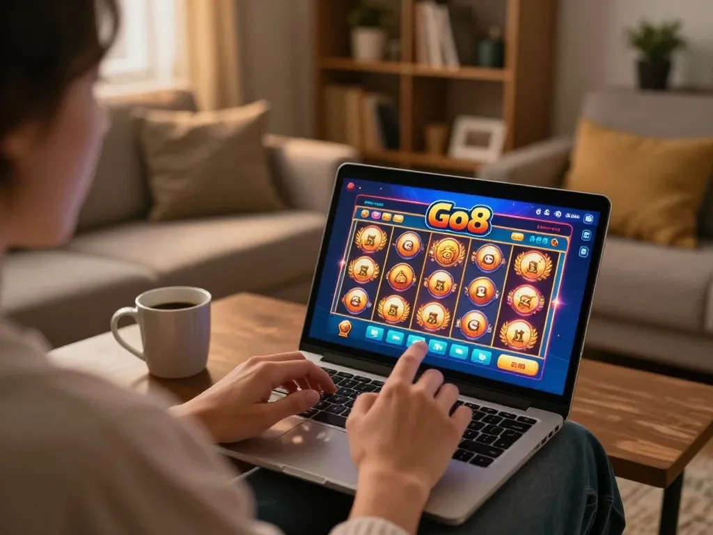 Player enjoying Go8 slot games on a mobile app in a cozy home setting.