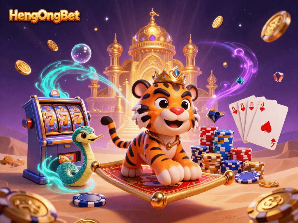 Engage exciting games at HengOngBet with a vibrant illustration of casino elements and characters.