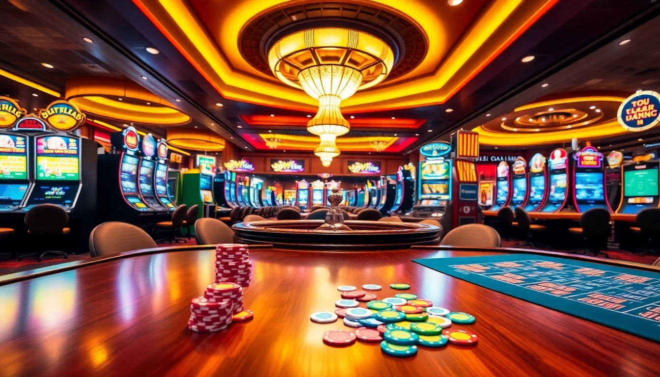 Nổ Hũ Đổi Thưởng experience at a vibrant casino floor with colorful chips and slot machines.