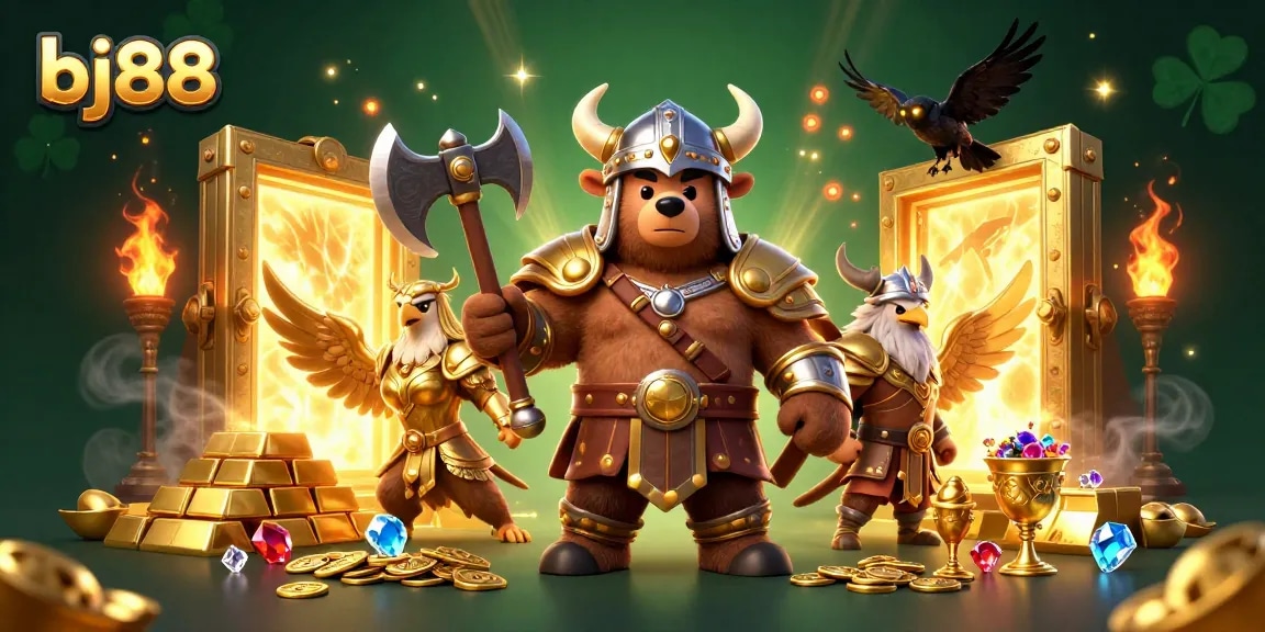 Engage with vibrant bj88 energy, experiencing an exciting online casino scene filled with treasure and gaming elements.