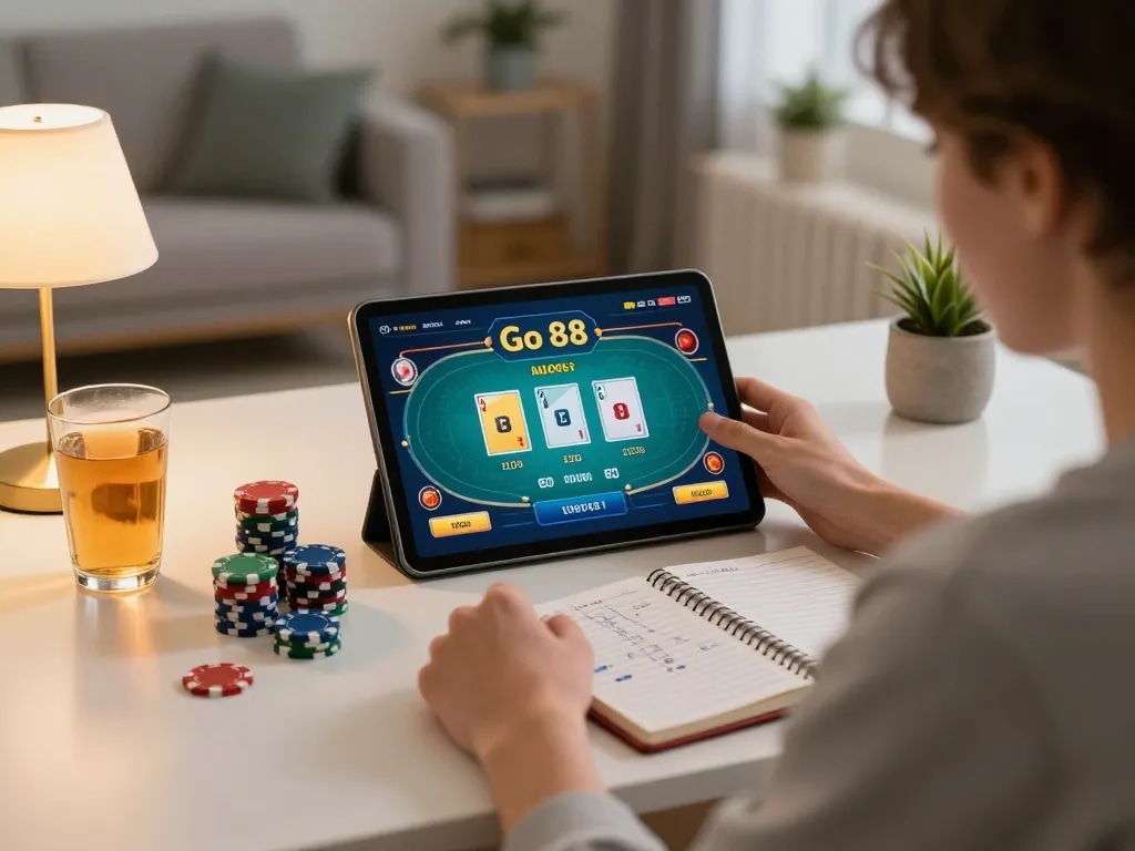 Engaging in Go 88 gameplay at home, showing strategy notes and chips during a cozy online session