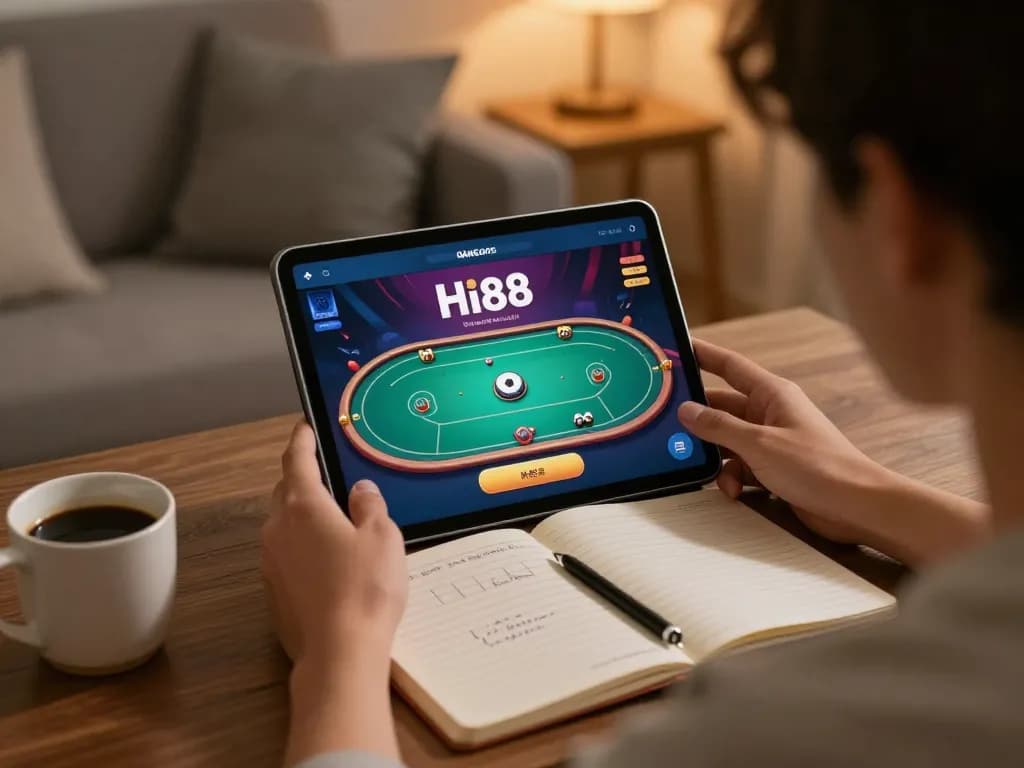 Engaging in hi88 đăng nhập on tablet while enjoying online poker in a cozy living room setting.
