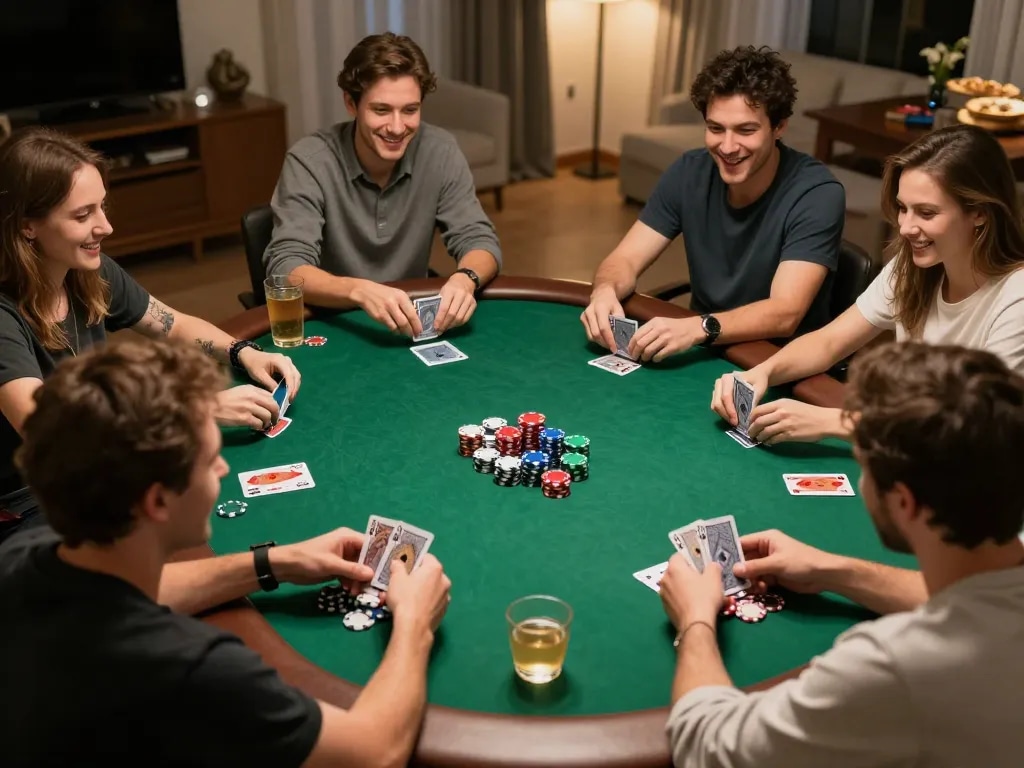 Friends enjoying a thrilling poker game at home, strategically analyzing hands, showcasing the kdslot77 experience.