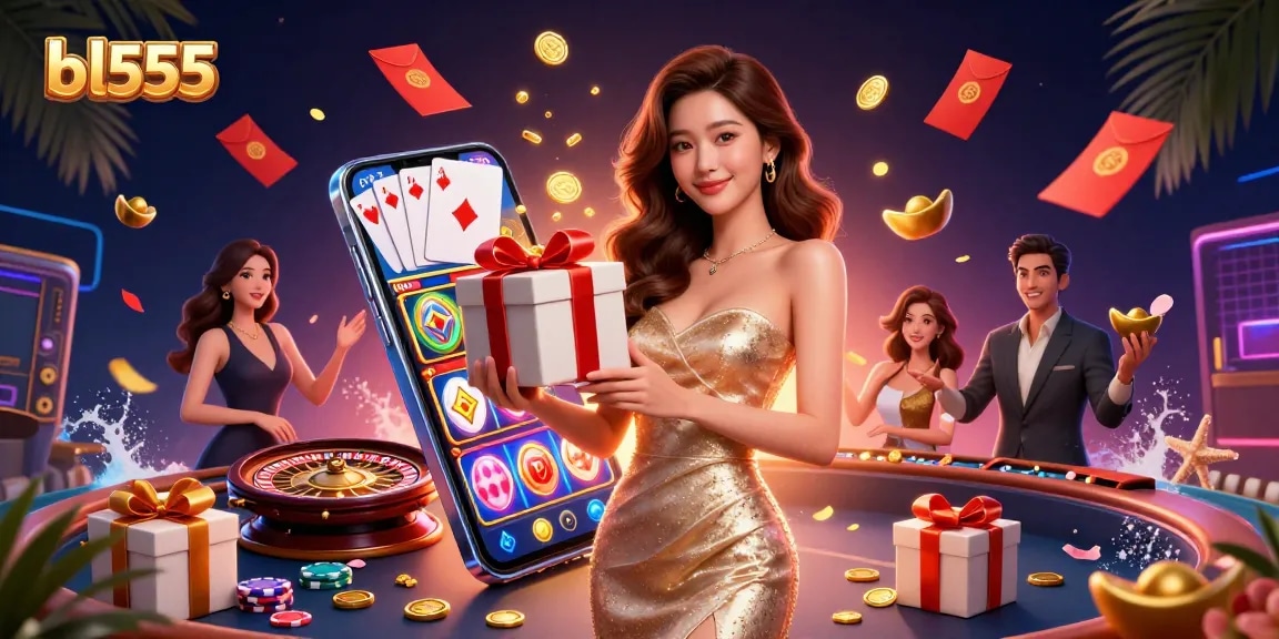 Experience bl555's vibrant casino atmosphere with an elegant Asian model amidst gold coins and festive elements.