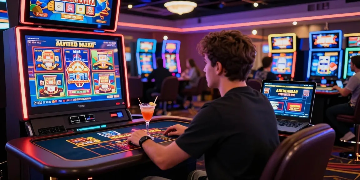 Exciting online gambling scene at a credit card casino on https://ashbydelazouchmuseum.org.uk/, showcasing a player at vibrant slot machines with LED lights.