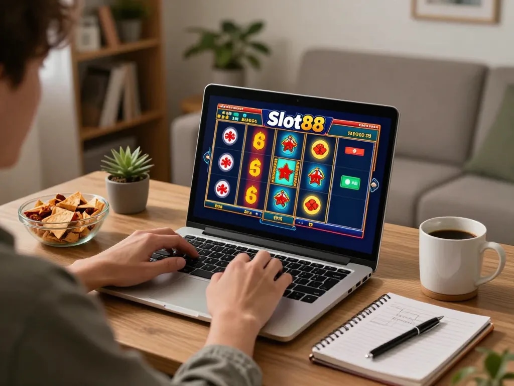 Engaging player focused on Slot88 online game on laptop in a cozy home setting, highlighting responsible gambling.