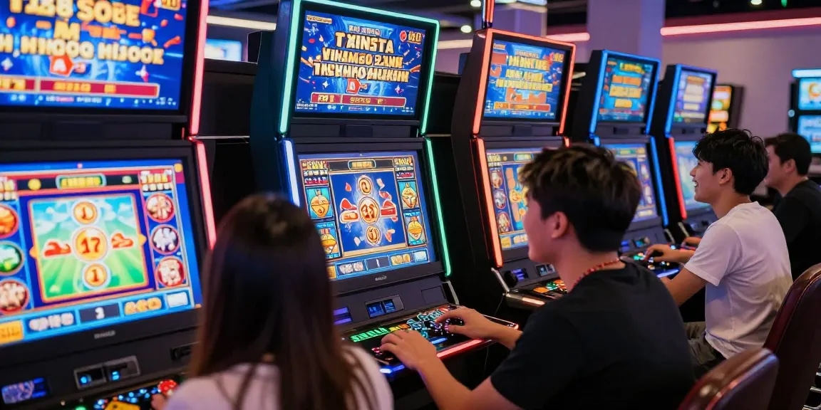 Energetic players engaged in online gaming with ngamenjitu slot machines and lottery displays.